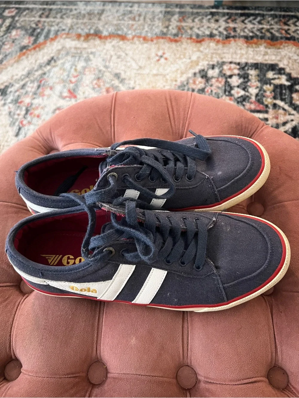 Gola Men's Navy Canvas Sneakers with White Stripes and Red Trim